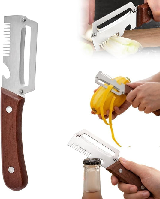 1 Pack New Multifunctional Vegetable Peeler with Wooden Handle and Bottle Opener, Stainless Steel Peeler for Kitchen, Multi Functional Vegetable Peeler for Fruit Potato Carrot Pumpkin Zucchini BST326L