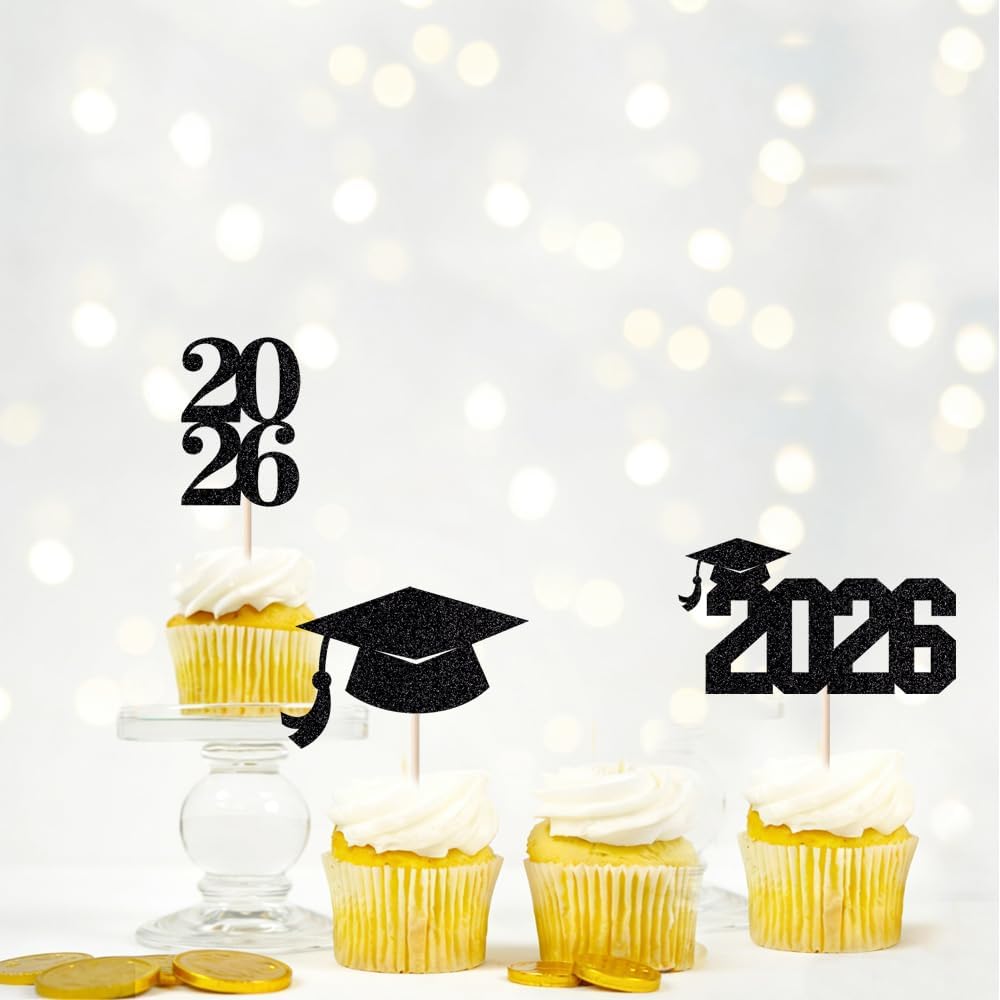 24Pcs Graduation Cupcake Topper, Glitter Class of 2026 Cupcake Topper Supplies for 2026 Congrats Grad Cap Diploma Cake Decor Graduate Celebration Party Cake Decorations Supplies (Black - 24) BST326L