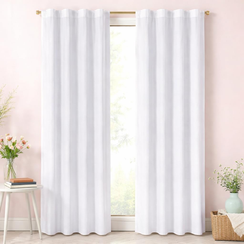 Bedding Craft Curtains 63 Inch Length - White Poly Cotton Slub Drapes with Tab Top, Set of 2, Ideal for Bedroom, Living Room, and Office_ 50x63 inch BST220