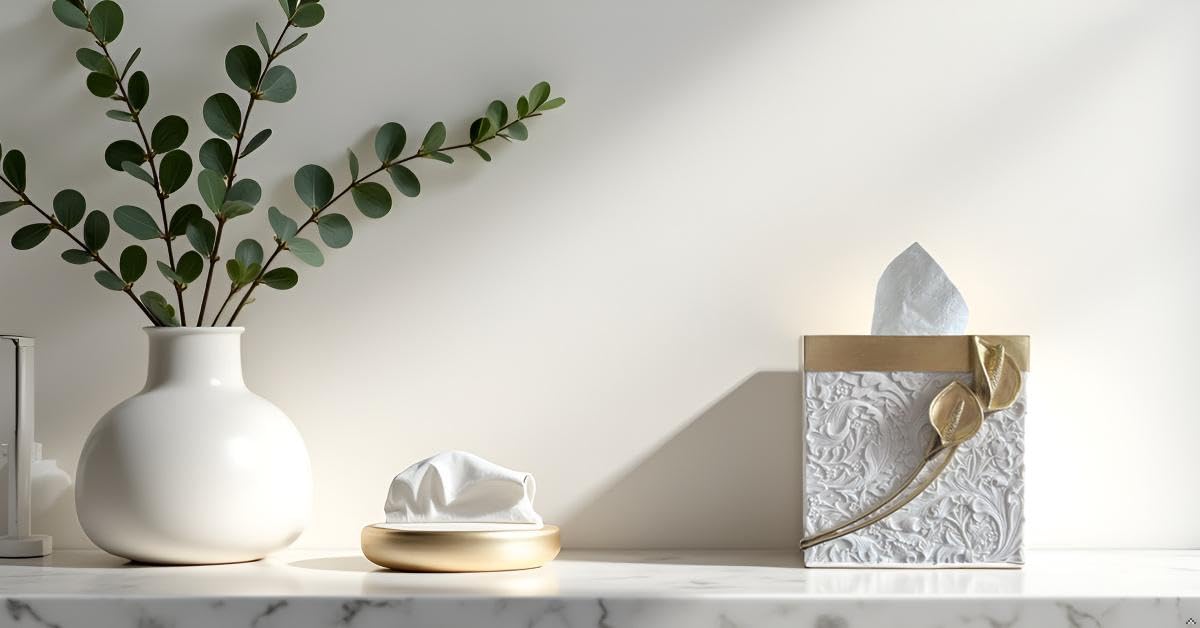 Square Tissue Box Cover Decorative Kleenex Box Holder for Bathroom & Living Room with Handcrafted Texture (colla Gold) BST220