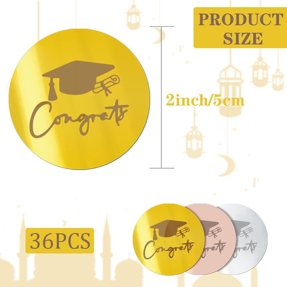 36 Pcs Graduation Cupcake Toppers Acrylic Cake Disc Toppers Graduation Mirror Cake Toppers Happy Graduate Party Supplies Decor(Gold/Rose Gold/Silver) BST326L