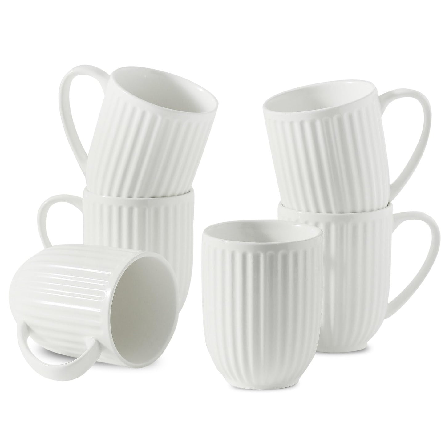 HASENSE Textured Large Coffee Mugs Set of 4, 16 Oz Ribbed Ceramic Cups with Large Handle for Latte Tea Cappuccino, Stackable Embossed Mug Set for Mom Dad, Microwave Dishwasher Safe, Creamy White BST220