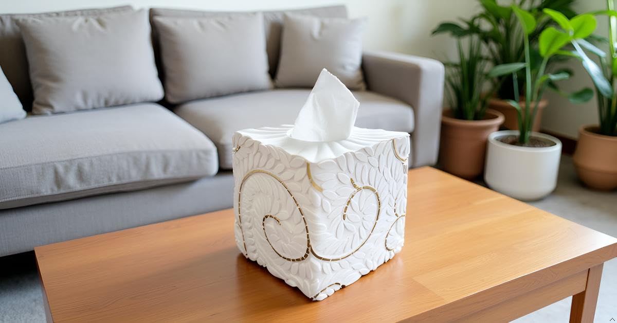 Square Tissue Box Cover Decorative Kleenex Box Holder for Bathroom & Living Room with Handcrafted Texture (colla Gold) BST220
