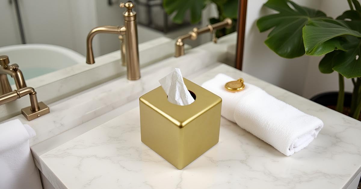 Square Tissue Box Cover Decorative Kleenex Box Holder for Bathroom & Living Room with Handcrafted Texture (colla Gold) BST220