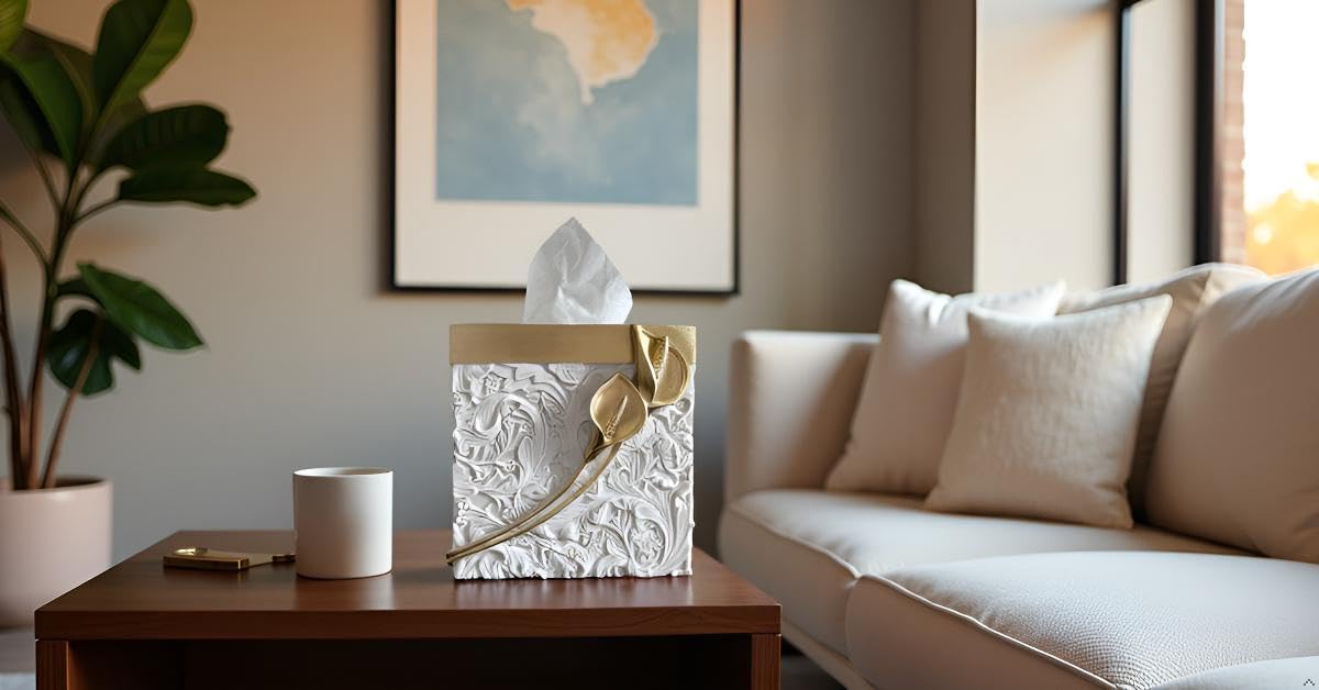 Square Tissue Box Cover Decorative Kleenex Box Holder for Bathroom & Living Room with Handcrafted Texture (colla Gold) BST220