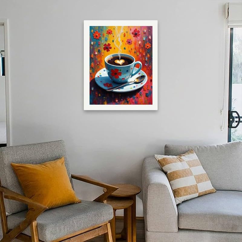 Still Life Paint by Numbers Kit for Adults - DIY Coffee Cup with Heart Steam Painting on Canvas 16x20In, Acrylic Paint Set, Suitable for Beginners, Art for Home Decoration or Gifts WN420