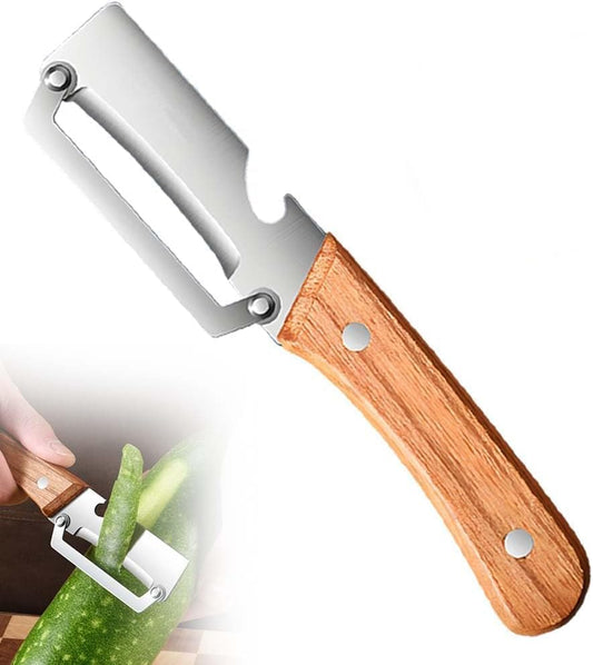 Multi Functional Premium Vegetable Peeler with Wooden Handle and Bottle Opener Stainless Steel Blade Kitchen Tool for Fruit Potato Pumpkin Papaya BST326L