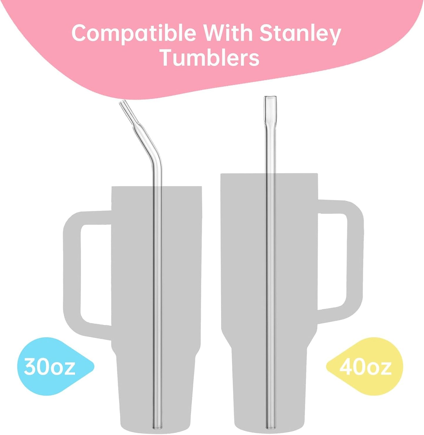 NiHome 6PCS Reusable Anti-Wrinkle Glass Straws Fit for Stanley 30 40oz Cups | 12" Long Flat Tip Wrinkle Free Straws, No Wrinkle Glass Drinking Straws 3 Straight & 3 Bent Set, Dishwasher Safe (Clear) BST326H