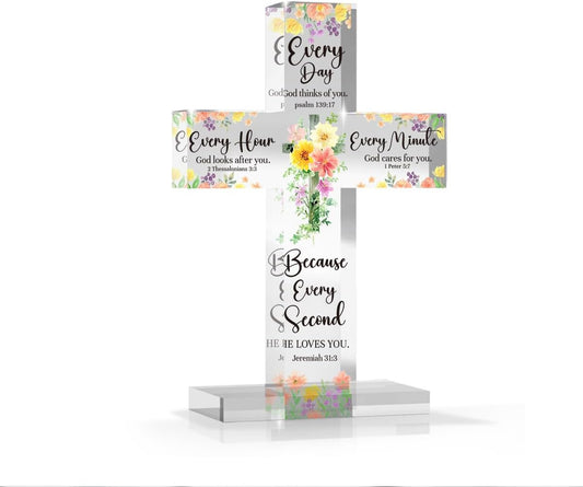 Christian Religious Catholic Cross Baptism Gifts for Women Acrylic Decor Standing Decor Jesus Catholic Bible Scripture Inspiration Gift Cross for Women Men Mother Day 3.5x5 Inches BST326H