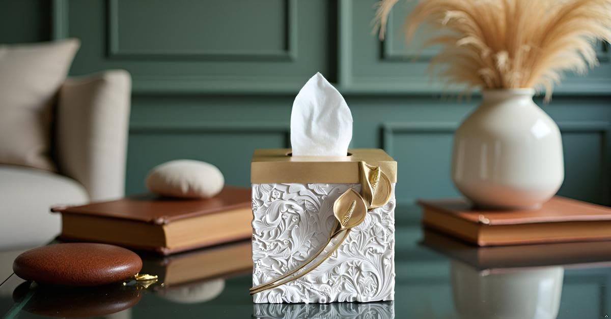 Square Tissue Box Cover Decorative Kleenex Box Holder for Bathroom & Living Room with Handcrafted Texture (colla Gold) BST220