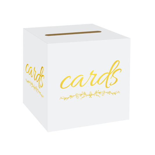 1 Pack White and Gold Wedding Card Box for Party Graduation Bridal Baby Shower Retirement Decorations Cardboard Birthday Card Holder Raffle Ballot Voting Box with Slot 7.8 x 7.8 x 7.8 In BST220