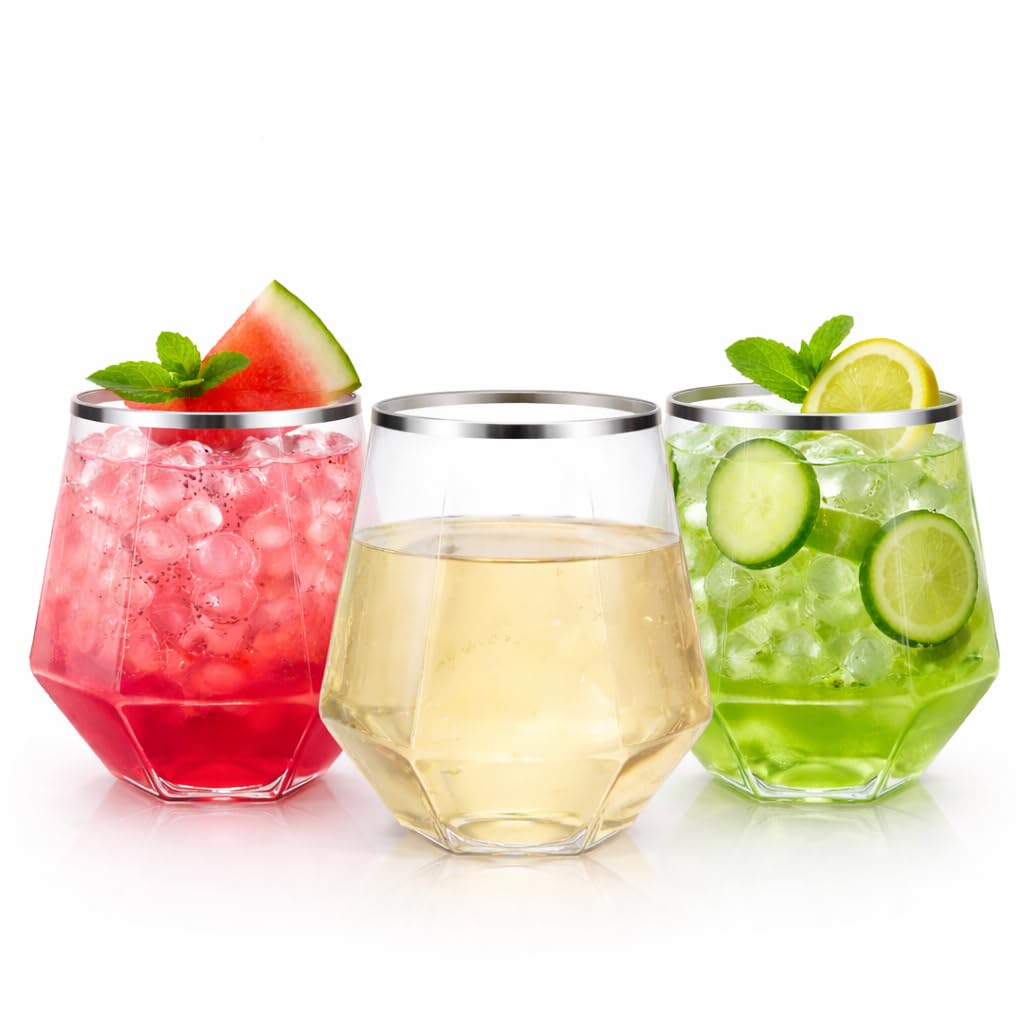 Oojami 40 Pack Diamond Disposable Plastic Wine Glasses 12oz for Parties | Stemless Wine Cups, Champagne Cocktail Whiskey - Shatterproof Unbreakable Reusable Recyclable BPA-Free, Weddings Birthday BST220