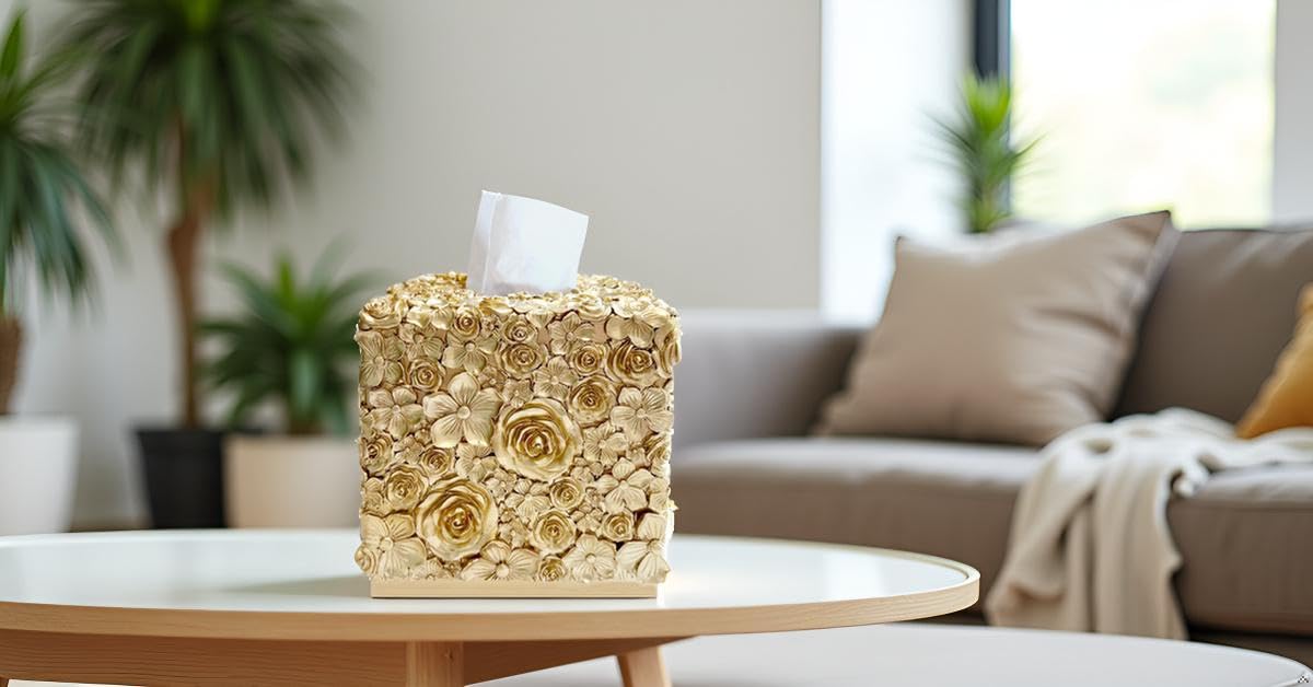 Square Tissue Box Cover Decorative Kleenex Box Holder for Bathroom & Living Room with Handcrafted Texture (colla Gold) BST220