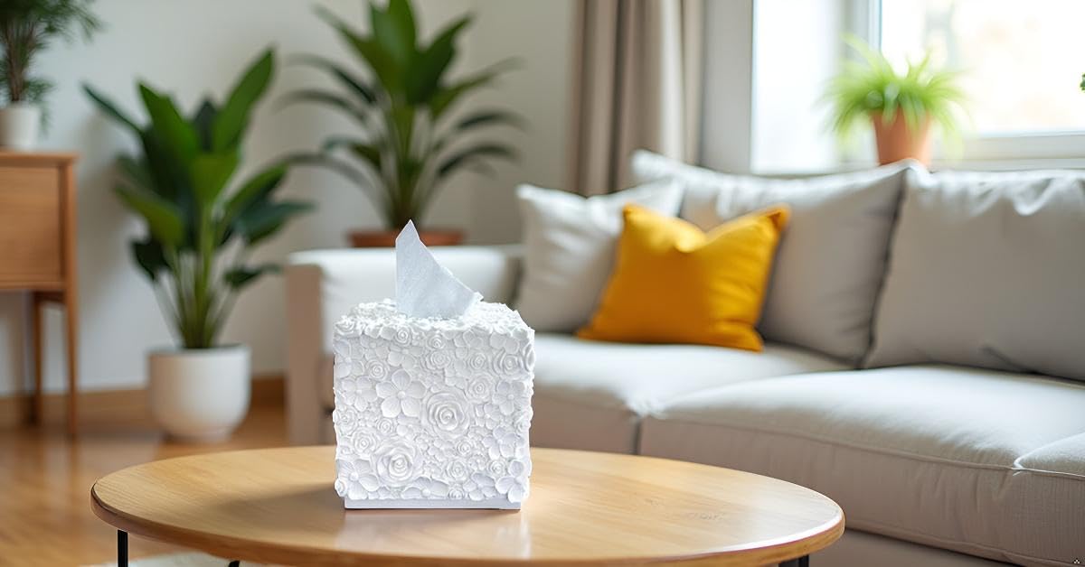 Square Tissue Box Cover Decorative Kleenex Box Holder for Bathroom & Living Room with Handcrafted Texture (colla Gold) BST220