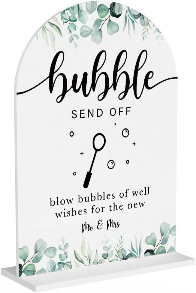 Acrylic Wedding Sign Bubble Send Off Signs for Ceremony Modern Calligraphy Arch Acrylic Table Top Signs for Wedding Reception and Event Party Table Decor (White Eucalyptus Leaves) BST326L