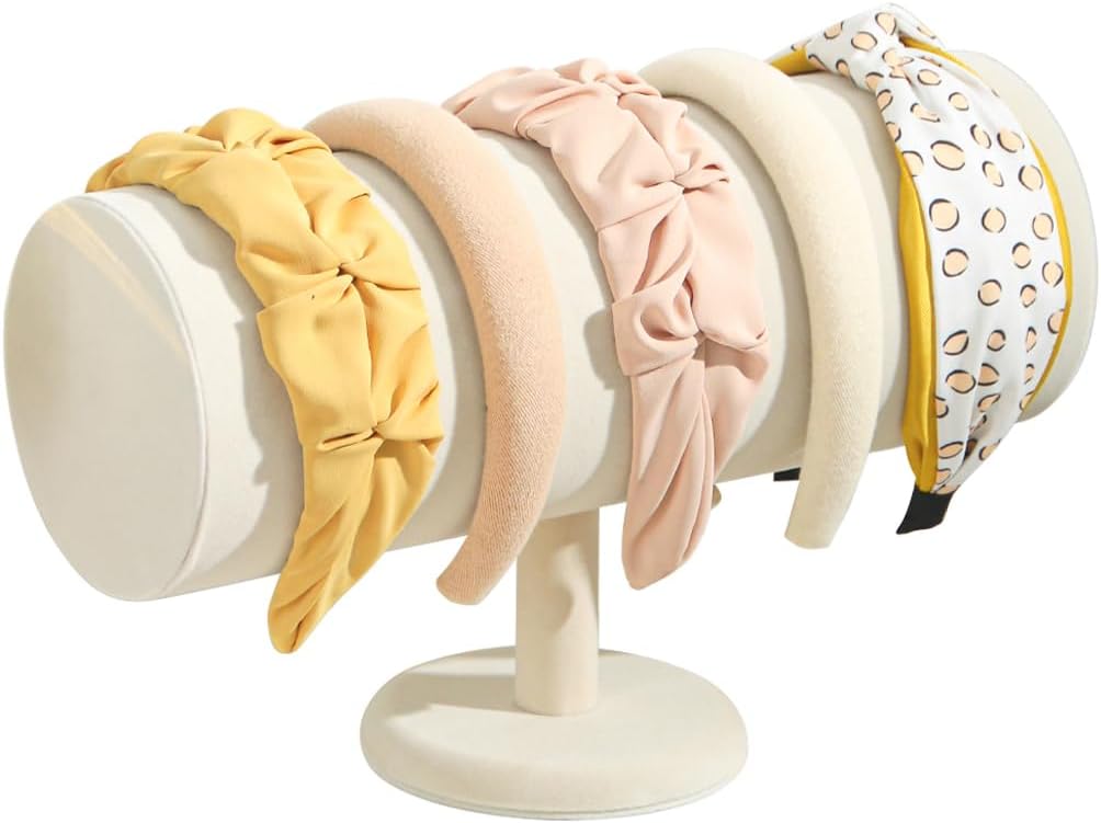 Headband Holder Organizer Tower, Soft Velvet Hairband Stand Display, Hair Hoop Accessories Storage for Home Bedroom or Store Shop Selling (Beige, T-Bar) BST202
