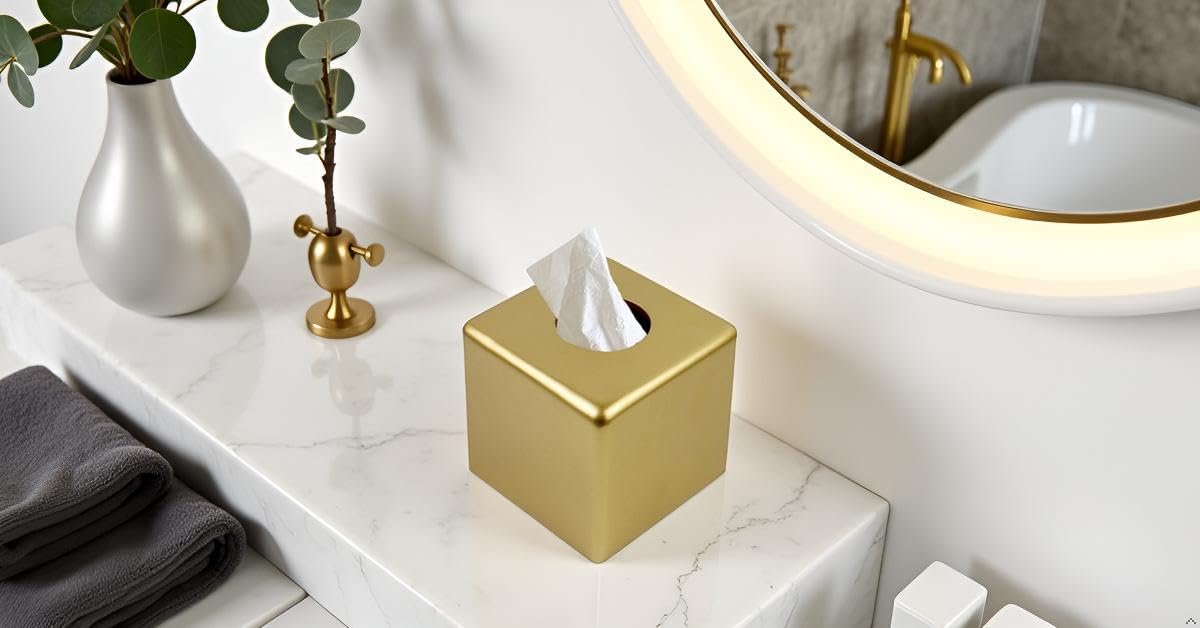 Square Tissue Box Cover Decorative Kleenex Box Holder for Bathroom & Living Room with Handcrafted Texture (colla Gold) BST220
