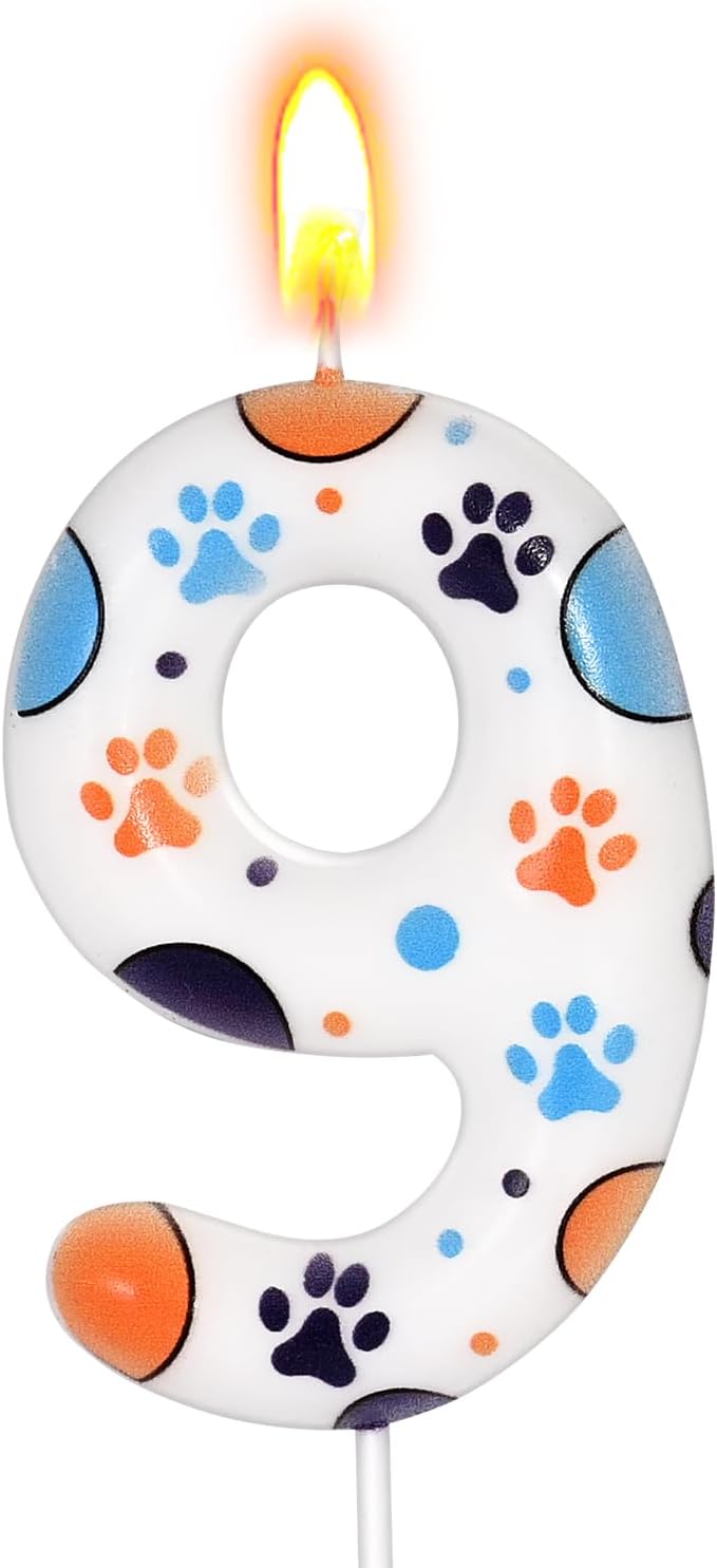 Number 9 Blue Dog Birthday Candle, Cute Dog Paw Print Cake Topper Candle, Bithday Party Supplies, Cake Decoration for Kid, Pets Celebrations Decor BST326L