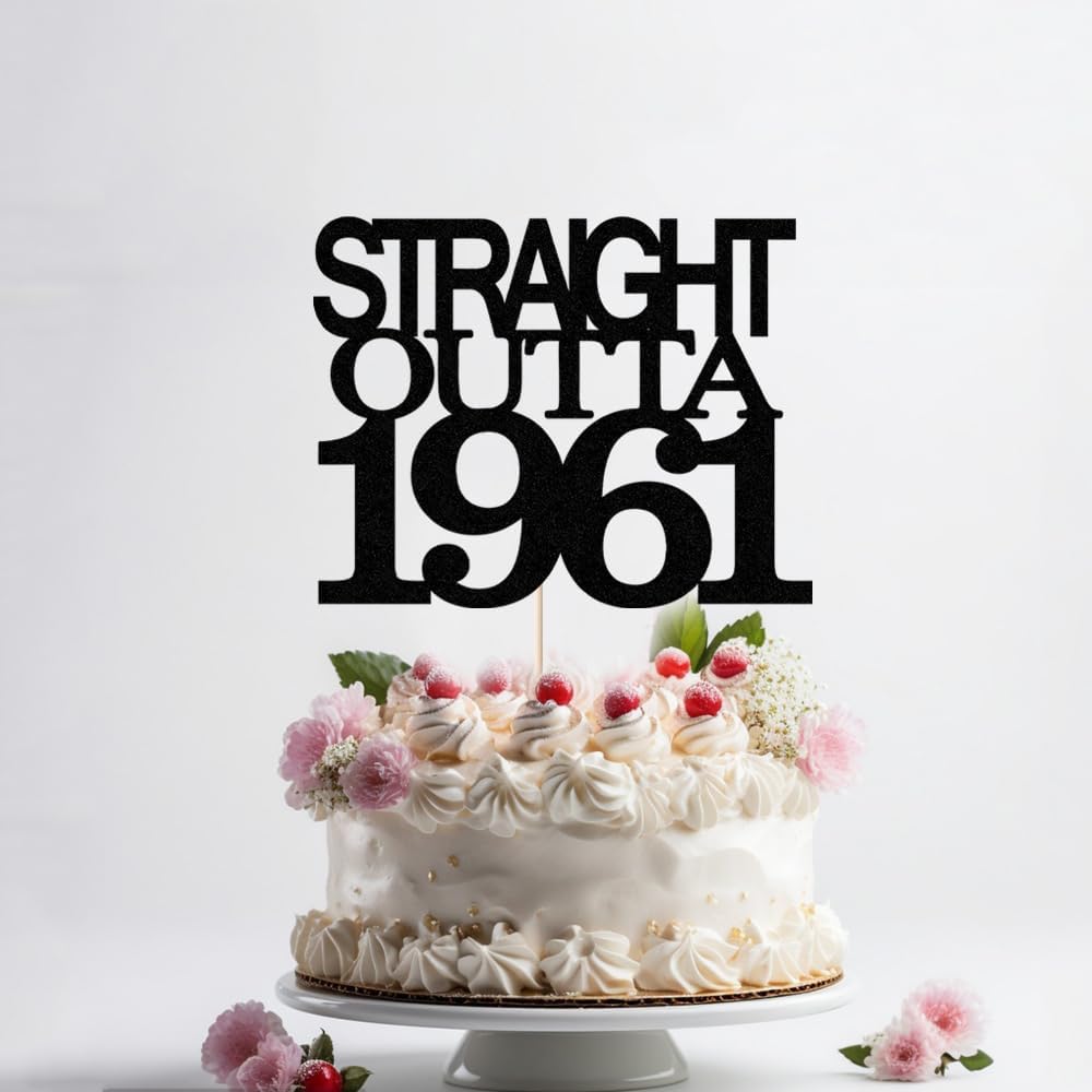 Black Glitter Straight Outta 1961 Cake Topper,Hello 65,Funny 65th | Birthday Cake Topper,65 Fabulous,Cheer to 65 Years,Men and Women 65th Birthday/Wedding/Anniversary Party Decorations BST202