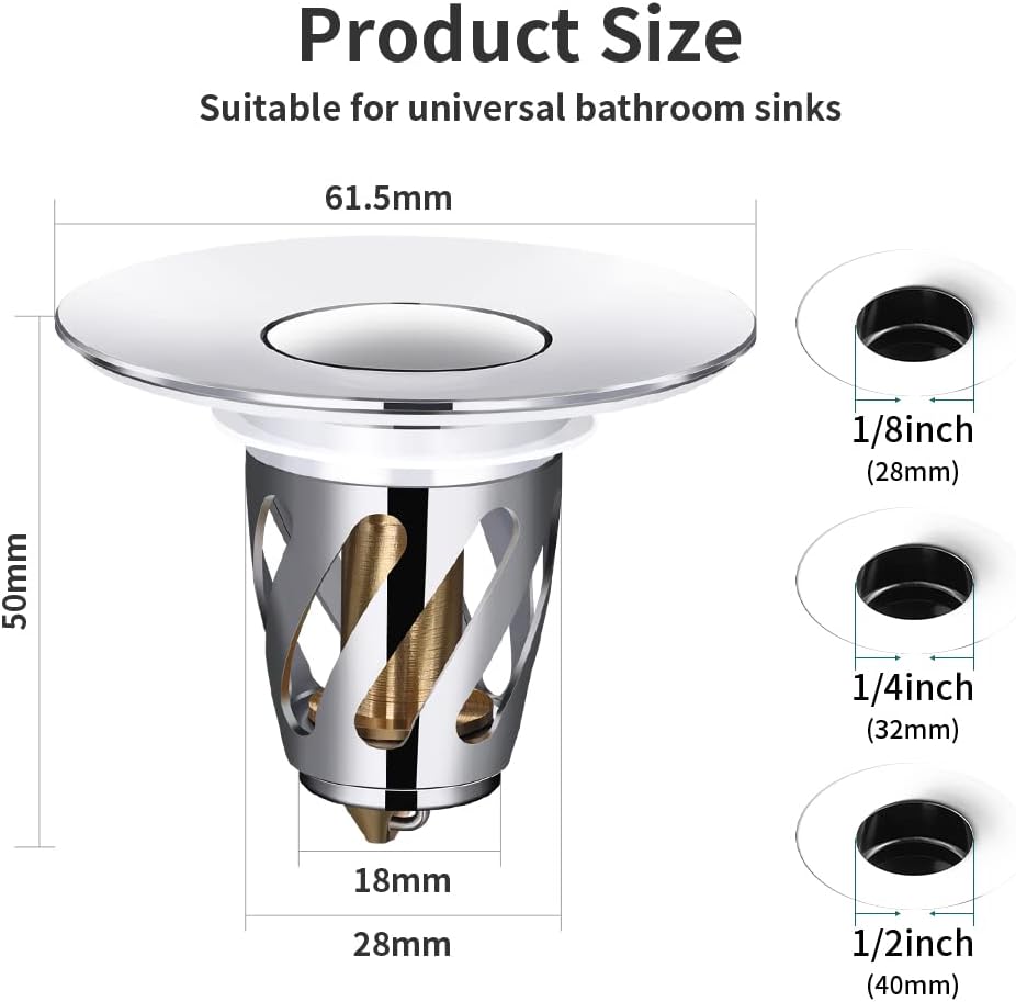Bathroom Sink Stopper, Brass Pop Up Wash Basin Plug Cover for Bathtub drains, Anti-Clogging Bath Plug Stopper Sink Drain Strainer with Basket Spiral Drainage is Faster(Chrome) WN420