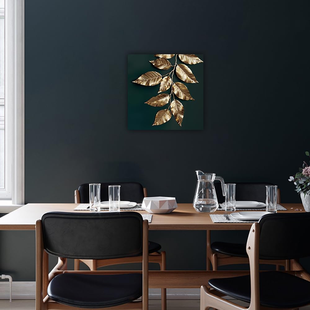 LURENCZH Leaf Canvas Wall Art Golden Leaf Picture Prints Green and Gold Paintings for Living Room Bedroom Decor Framed Ready to Hang(Green-1,12.00" x 12.00") BST326H