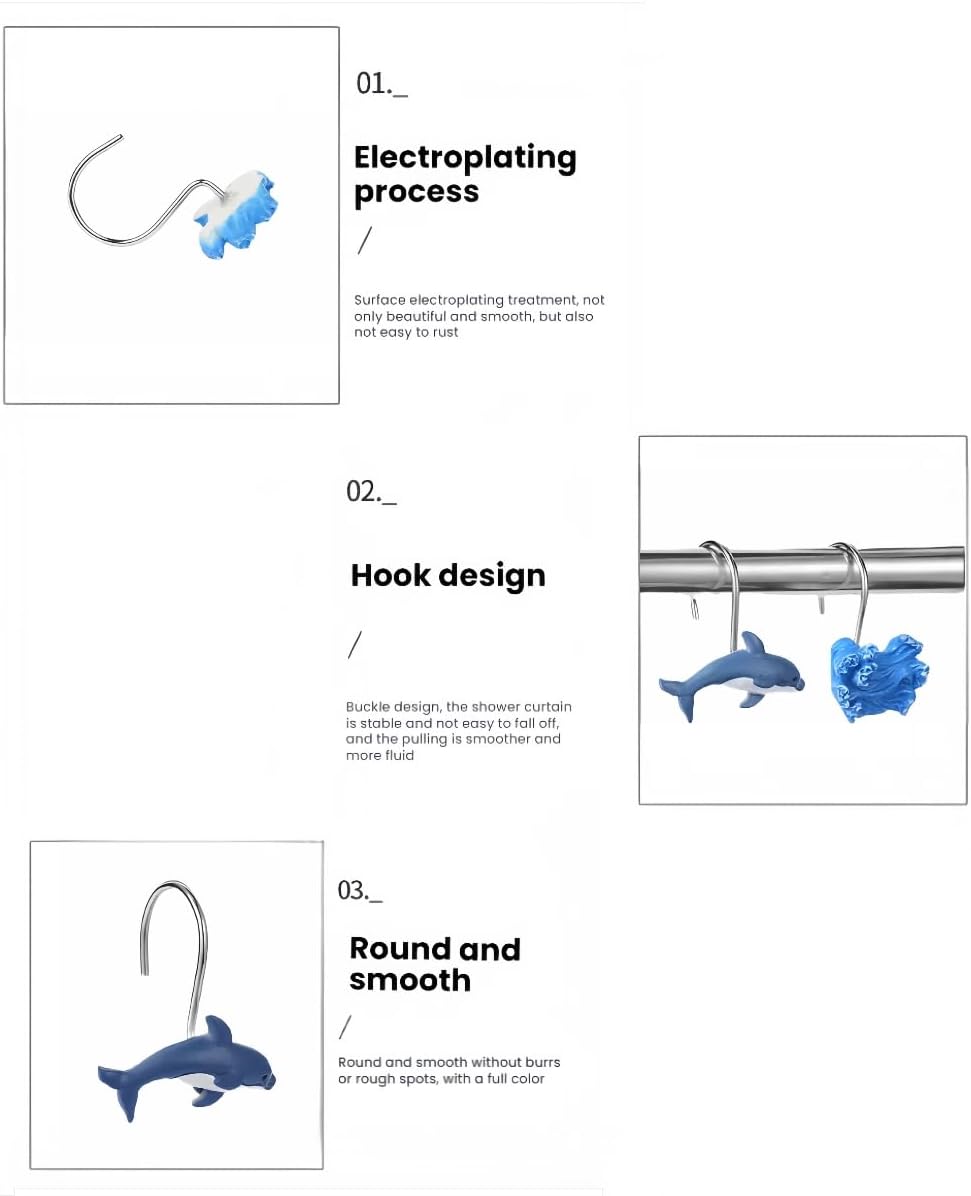 12 Pcs Ocean Themed Dolphin Shower Curtain Hooks, Rustproof Metal Rings for Bathroom, Cute Dolphin Bathroom Decor Set for Baby Room & Living Room (Ocean) BST326L