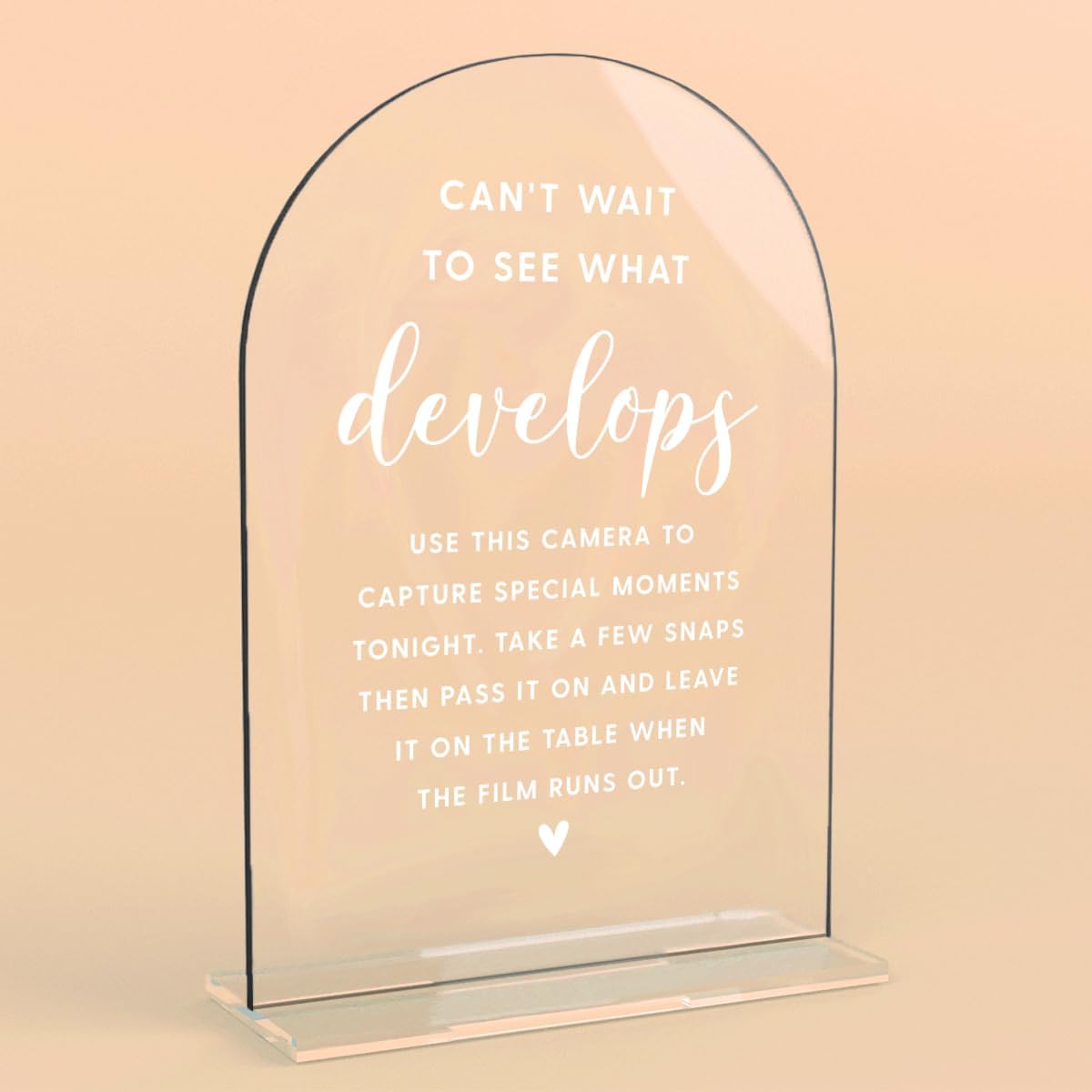 Acrylic Wedding Signs, Bridal Shower Decorations, Modern Arched Round Top Acrylic Table Top Sign with Holder for Wedding Reception Party Dinner - Can't Wait to See What Develops (Clear) BST326L