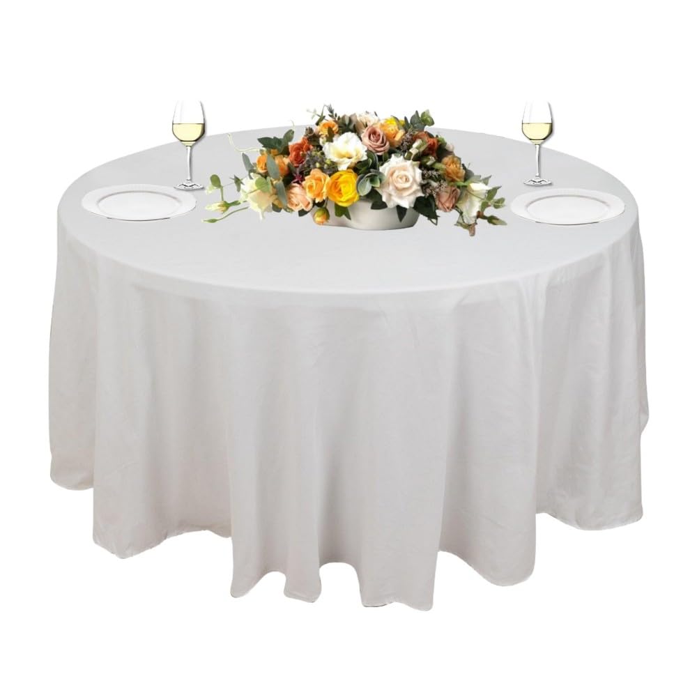 Urby 120 inches Large White Round Tablecloth for 5-6ft Round Folding Table That Seats 6-8 Guests, for Table with 6 Chairs. Ideal for Party, Wedding, Banquet and Events. BST220