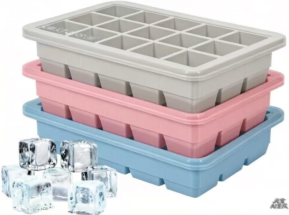 Silicone Ice Cube Trays 3Packs, Easy Release Ice Cube Molds with Lid, Freezer Stackable Ice Maker for Whiskey, Baby Food, BPA Free (Blue+Grey+Pink) WN420