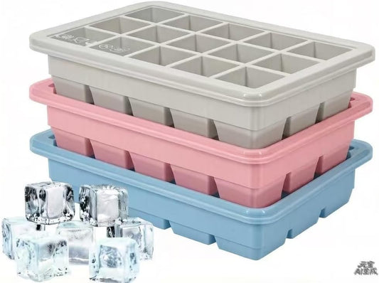 Silicone Ice Cube Trays 3Packs, Easy Release Ice Cube Molds with Lid, Freezer Stackable Ice Maker for Whiskey, Baby Food, BPA Free (Blue+Grey+Pink) WN420