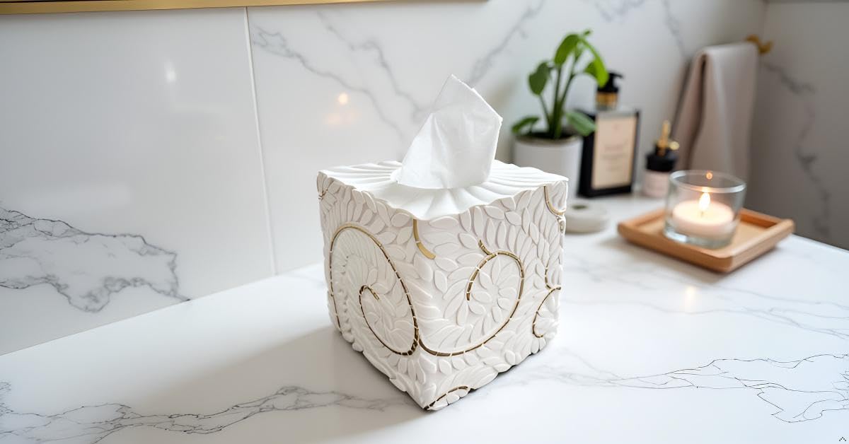 Square Tissue Box Cover Decorative Kleenex Box Holder for Bathroom & Living Room with Handcrafted Texture (colla Gold) BST220
