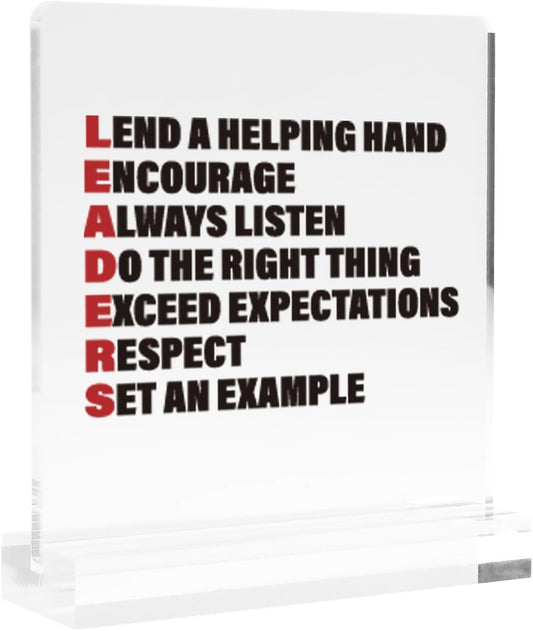 Leaders Acronym Leader Gifts For Boss Coach Manager Appreciation Gifts Inspirational Motivational Acrylic Desk Sign Decor Square Shaped Clear Home Office Desk Decor with Acrylic Stand 3.9 x 3.9 inch Transparent BST220