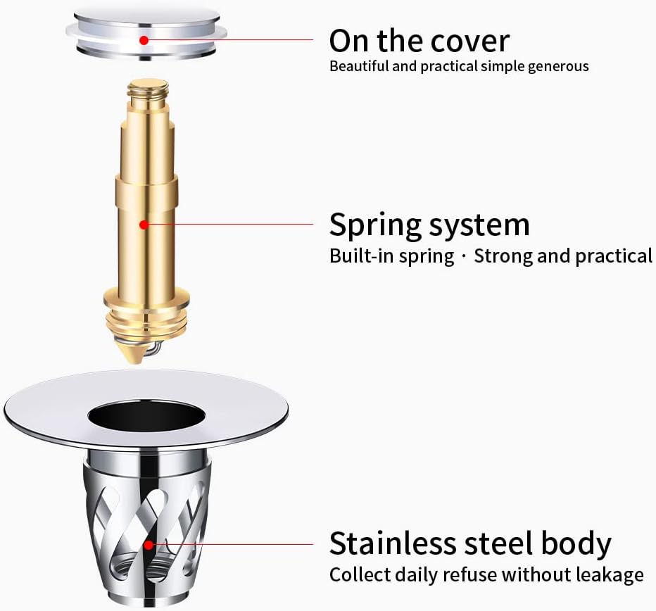 Bathroom Sink Stopper, Brass Pop Up Wash Basin Plug Cover for Bathtub drains, Anti-Clogging Bath Plug Stopper Sink Drain Strainer with Basket Spiral Drainage is Faster(Chrome) WN420