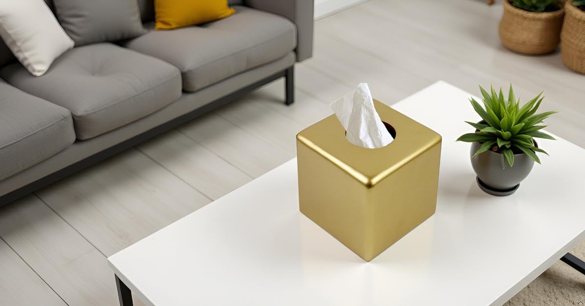 Square Tissue Box Cover Decorative Kleenex Box Holder for Bathroom & Living Room with Handcrafted Texture (colla Gold) BST220