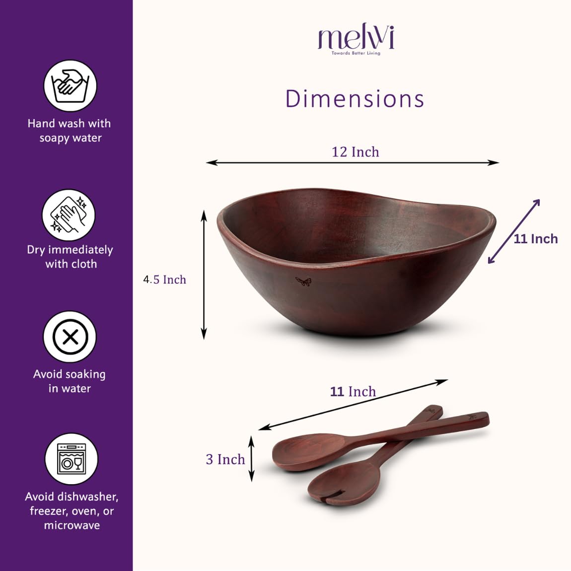 Melvvi Large Wooden Salad Bowl Set with 2 Serving Utensils | 12" Acacia Wood Bowls for Food | Great Mothers Day gift (Natural Set of 3) BST220