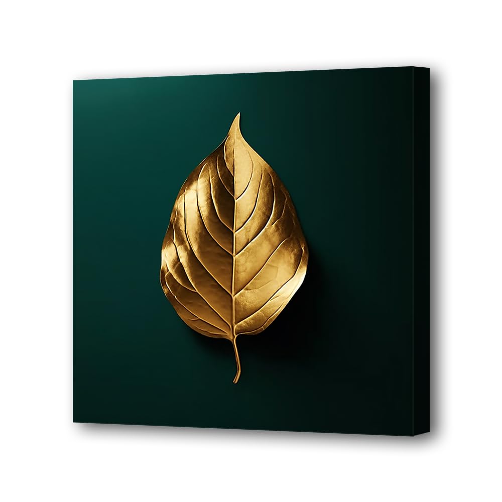 LURENCZH Leaf Canvas Wall Art Golden Leaf Picture Prints Green and Gold Paintings for Living Room Bedroom Decor Framed Ready to Hang(Green-1,12.00" x 12.00") BST326H
