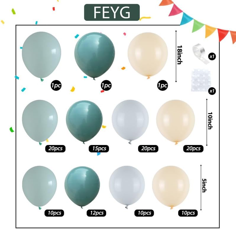 Dusty Green Blue Balloon Arch Kit, Fog Green Dusty Water Blue Beige Ivory Latex Balloons Garland Kit for Women Men Neutral Birthday Wedding Baby Bridal Shower Jungle Safari Party Decorations WN420