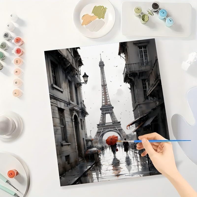 City Street Paint by Numbers Kit for Adults - DIY Eiffel Tower with Red Umbrella in Paris Painting on Canvas 16x20 Inches, Acrylic Paint Set, Suitable for Beginners,Travel Art for Decoration BST326H