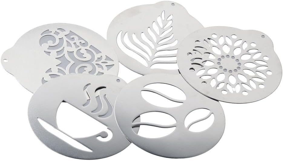 5Pcs Stainless Steel Coffee Decorating Stencils Metal Foam Latte Art Templates, Reusable Barista Cappuccino Chocolate Templates Coffee Garland Mould Cake Decorating Tool BST220