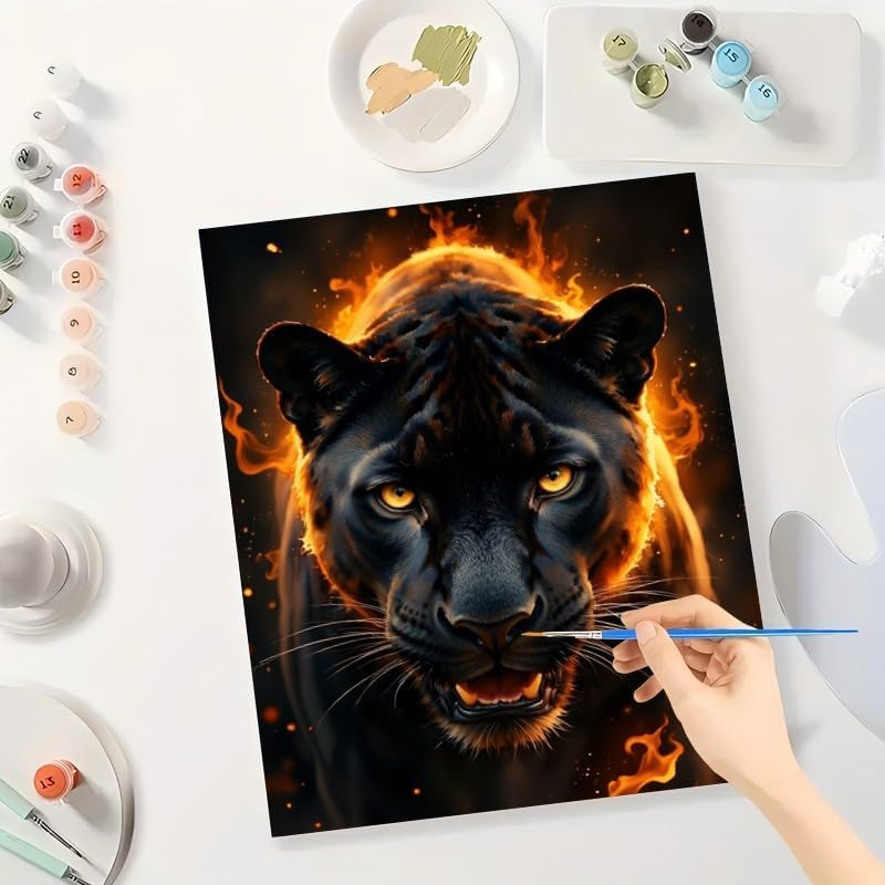 Black Panther Paint by Numbers Kit for Adults - DIY Fiery Panther Painting on Canvas 16x20 Inches, Acrylic Paint Set, Suitable for Beginners, Animal Art for Home Decoration or Gifts BST326H