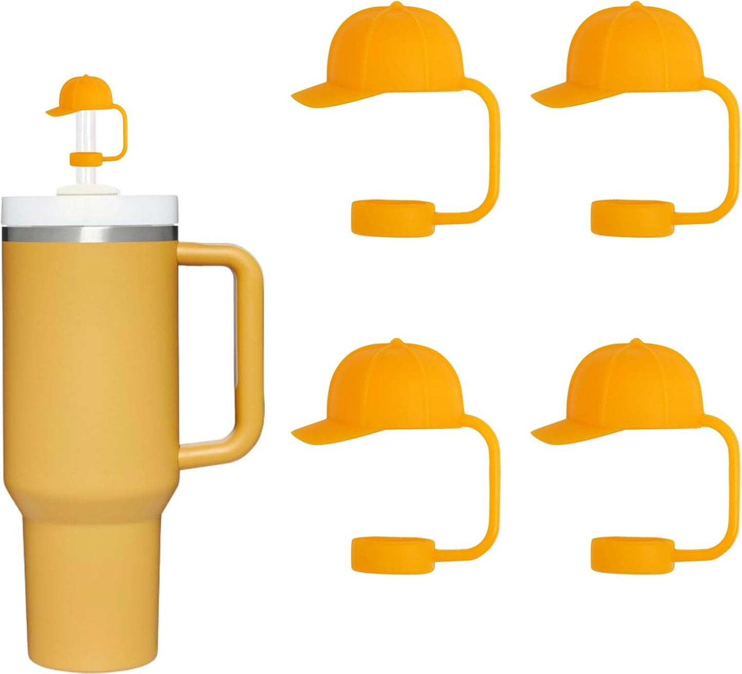 Straw Covers Cap for Tumblers 4 Pcs Yellow Hat Stanley Cup Toppers 0.4 in 10 mm Silicone Cute Straws Stoppers Tips for Water Bottle 30 & 40 Oz Cups with Handle Accessories Proof Dust Lids WN420