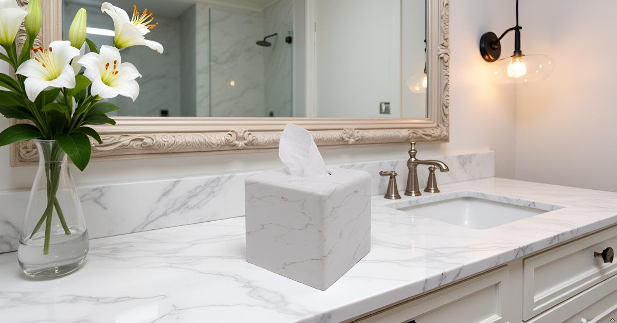 Square Tissue Box Cover Decorative Kleenex Box Holder for Bathroom & Living Room with Handcrafted Texture (colla Gold) BST220