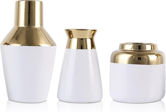 3 Piece Wide Mouth Vase Set for Table Centerpiece, Ceramic White Gold Flower Vase for Pampas Grass Decor, Glossy Gold Unique Vases for Bathroom Fireplace Top Shelf Entryway Decorative BST220