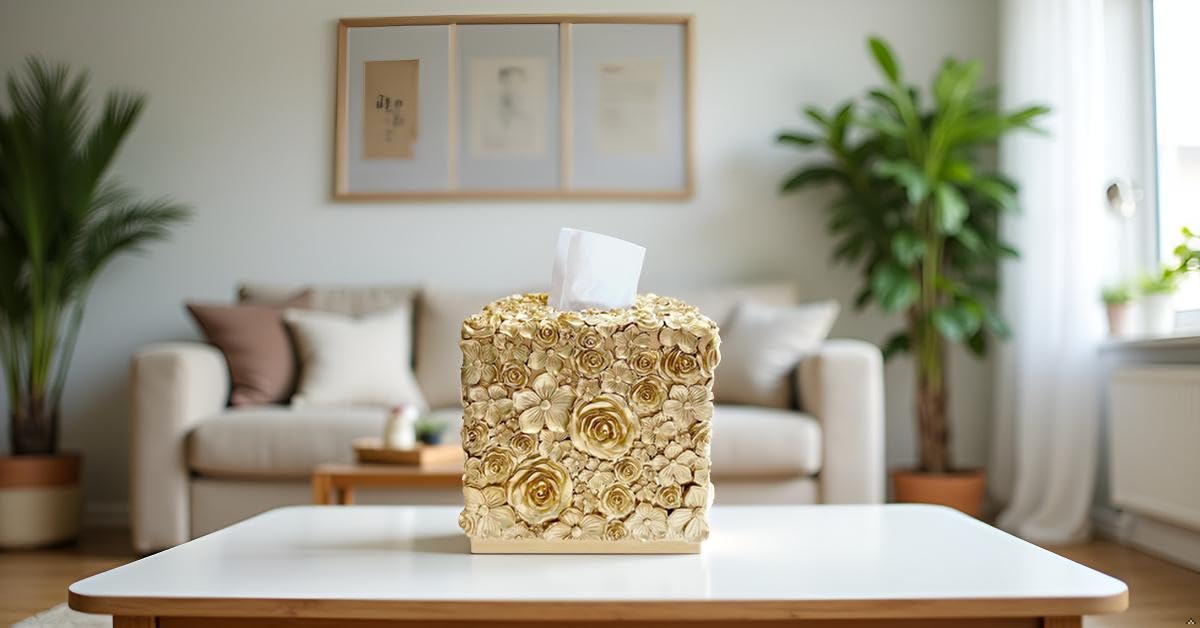 Square Tissue Box Cover Decorative Kleenex Box Holder for Bathroom & Living Room with Handcrafted Texture (colla Gold) BST220