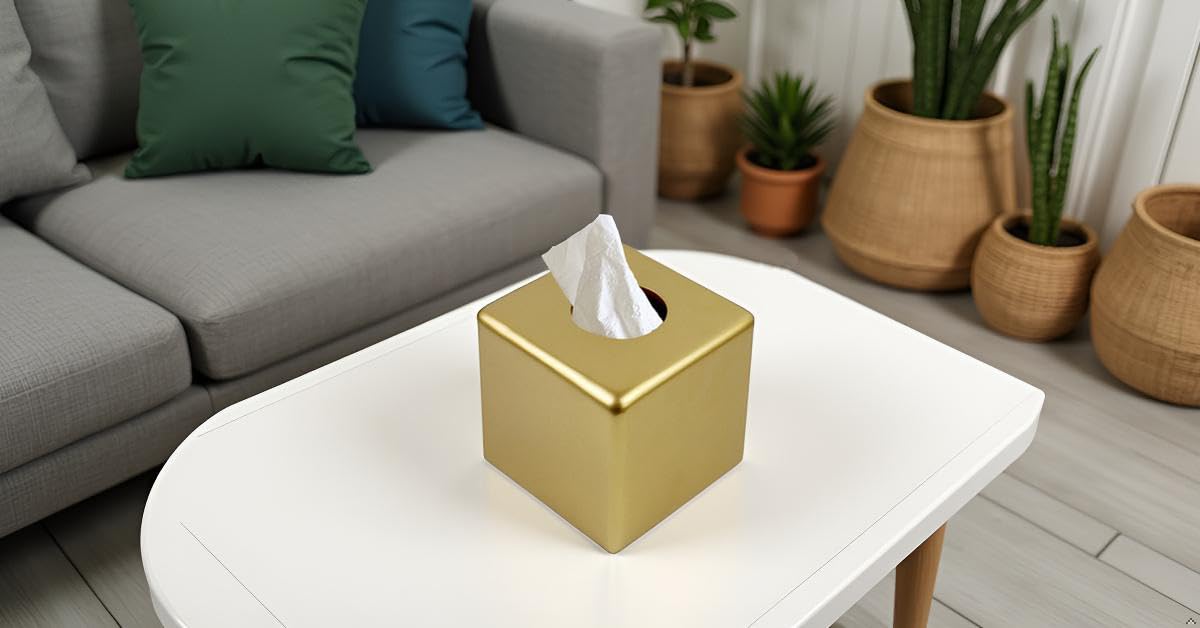 Square Tissue Box Cover Decorative Kleenex Box Holder for Bathroom & Living Room with Handcrafted Texture (colla Gold) BST220