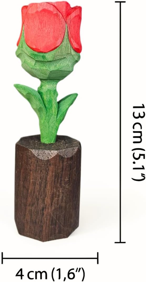 Wood Rose for 5th for Wife - Handcrafted Basswood Flower Figurine - Romantic Valentine's Day Birthday Gift for Her - Everlasting Wooden Sculpture with Gift Box (Red) BST220