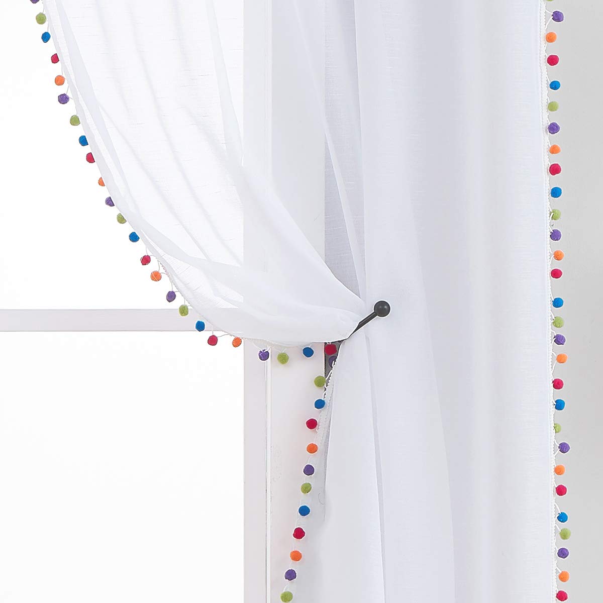Treatmentex Pom-Pom Grey Sheer Curtains for Bedroom 63" Window Drapes Rod Pocket Textured Sheer Curtain for Kids Room 52" w 2 Panels BST202