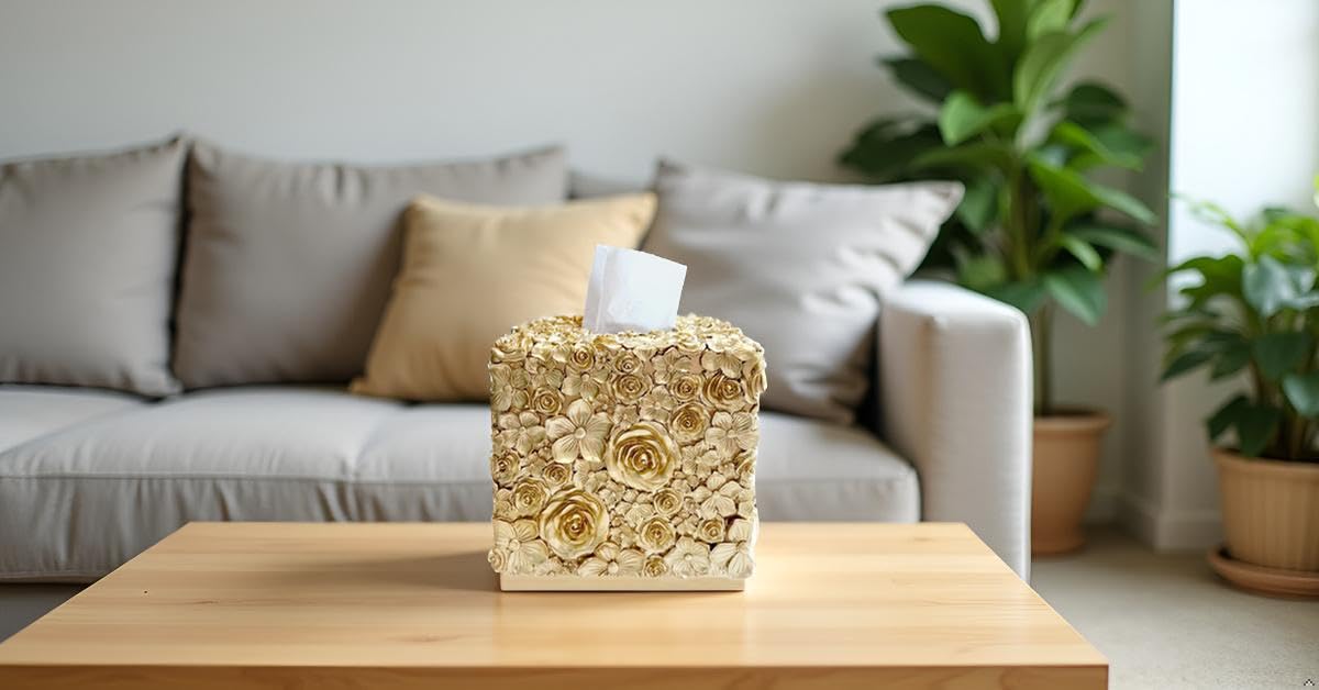 Square Tissue Box Cover Decorative Kleenex Box Holder for Bathroom & Living Room with Handcrafted Texture (colla Gold) BST220
