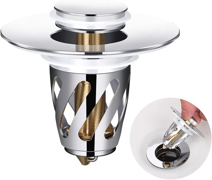 Bathroom Sink Stopper, Brass Pop Up Wash Basin Plug Cover for Bathtub drains, Anti-Clogging Bath Plug Stopper Sink Drain Strainer with Basket Spiral Drainage is Faster(Chrome) WN420