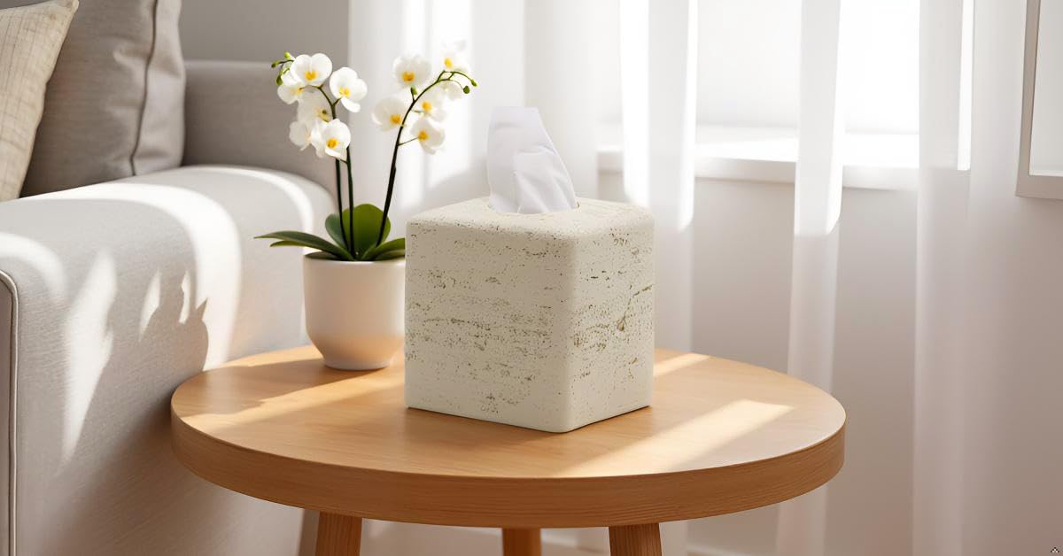 Square Tissue Box Cover Decorative Kleenex Box Holder for Bathroom & Living Room with Handcrafted Texture (colla Gold) BST220
